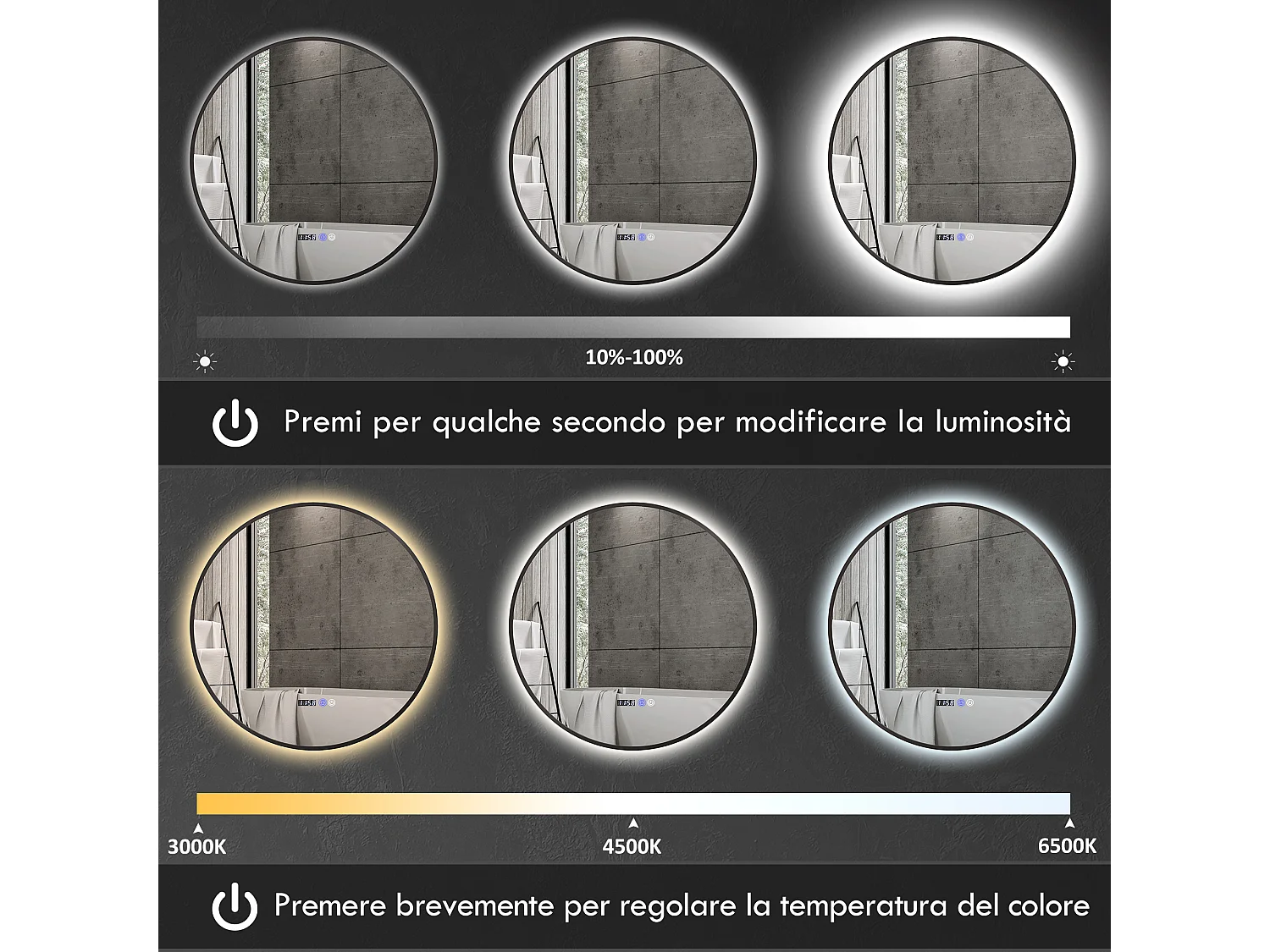 Specchio bagno con luce led regolabile e antinebbia Ø70 cm nero