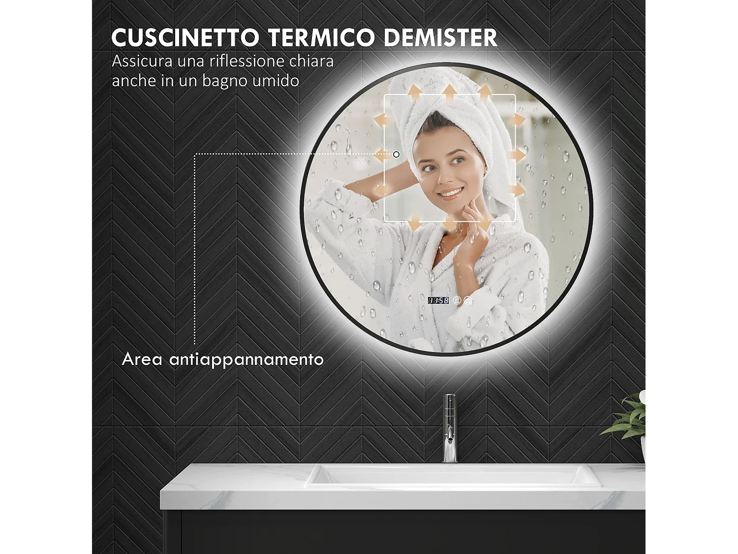 Specchio bagno con luce led regolabile e antinebbia Ø70 cm nero