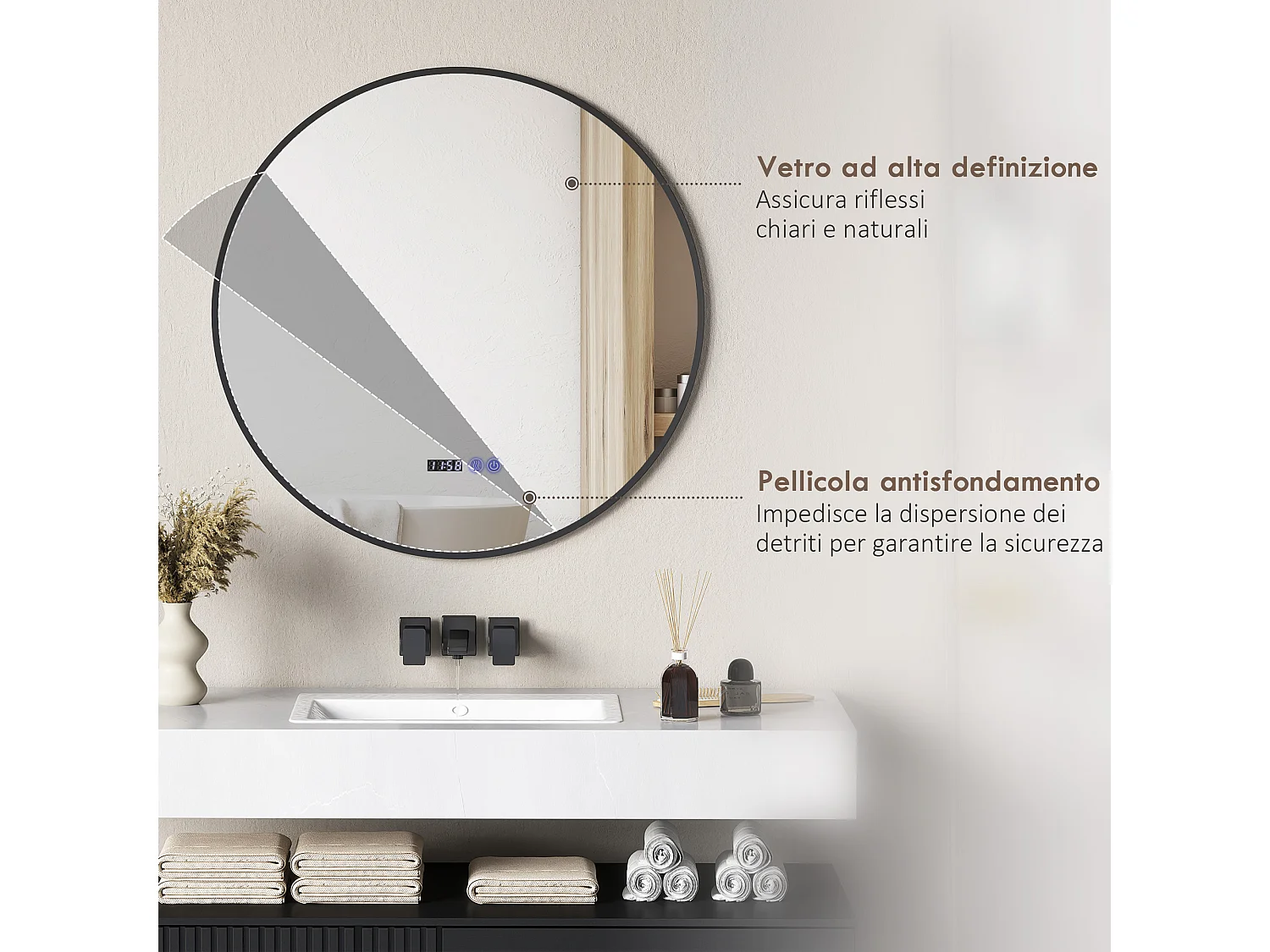 Specchio bagno con luce led regolabile e antinebbia Ø70 cm nero