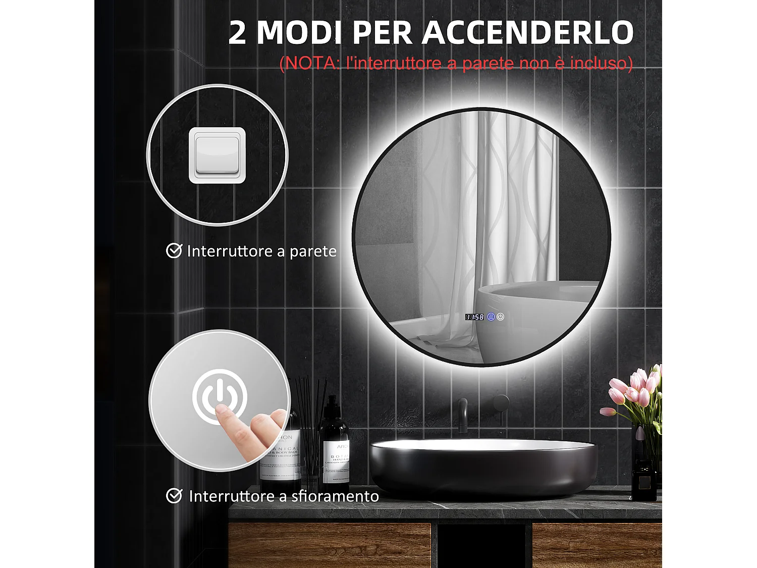 Specchio bagno con luce led regolabile e antinebbia Ø70 cm nero