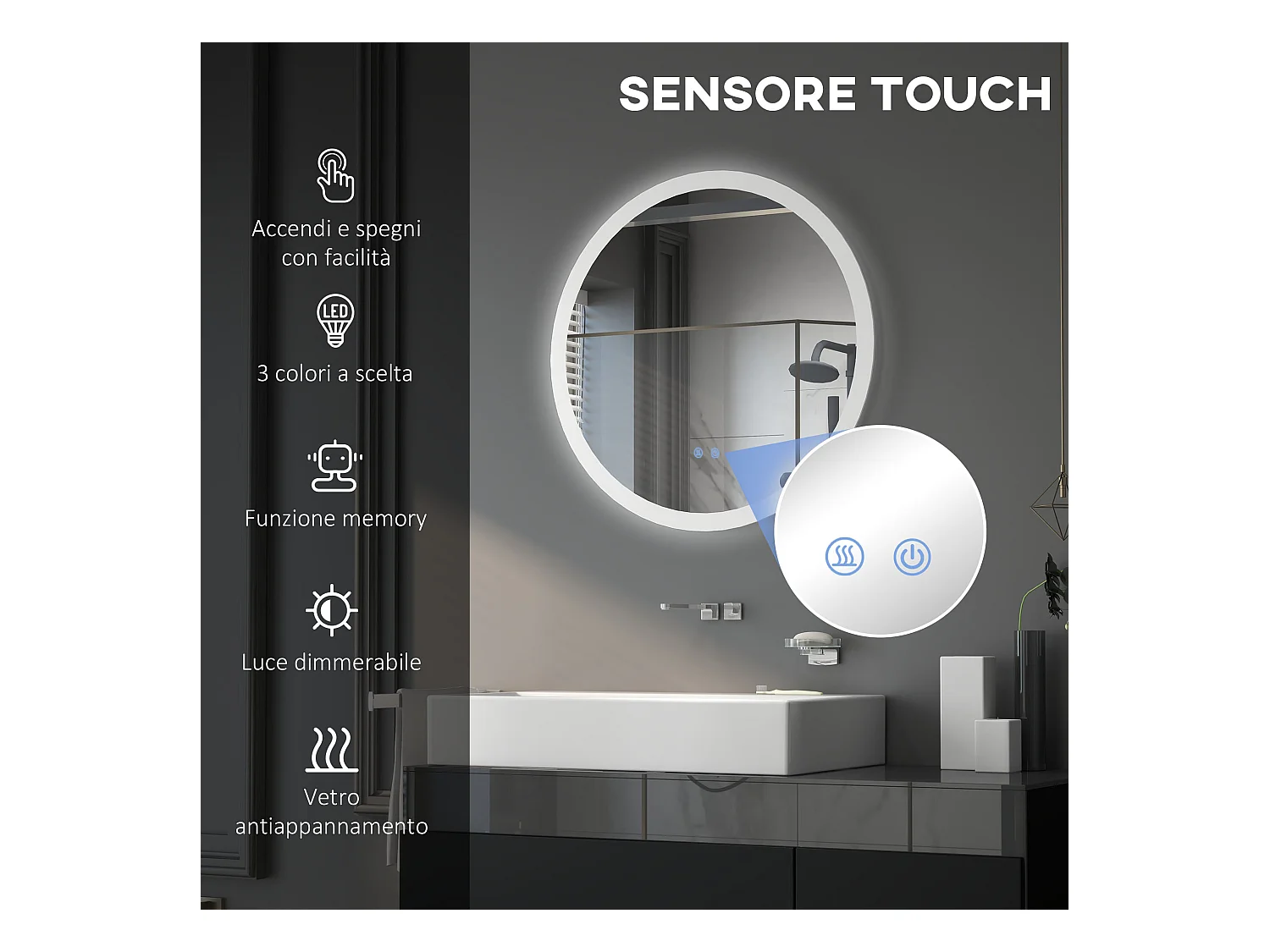 Specchio bagno led a 3 colori con luminosità regolabile