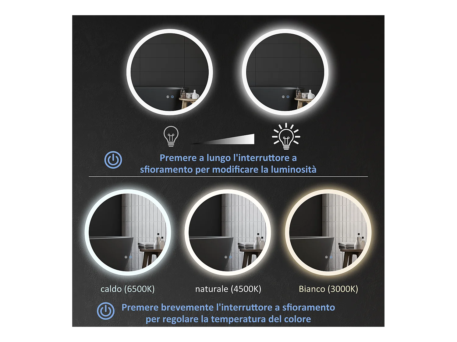 Specchio bagno led a 3 colori con luminosità regolabile