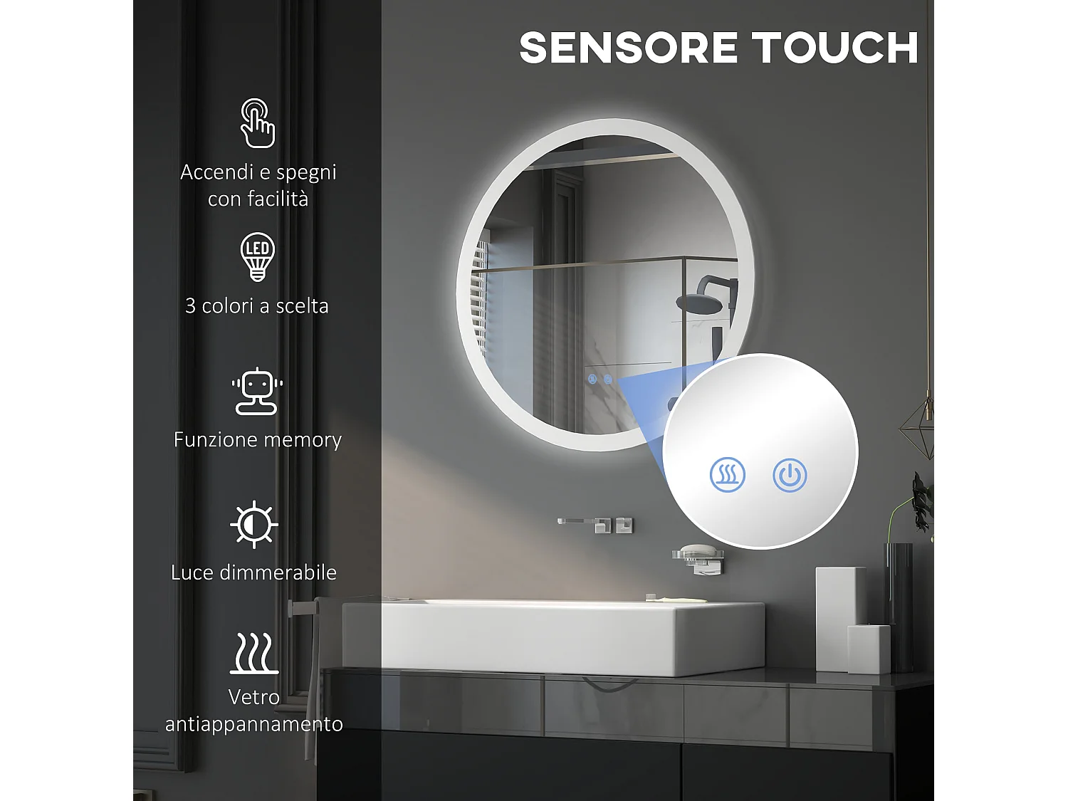 Specchio bagno led a 3 colori con luminosità regolabile