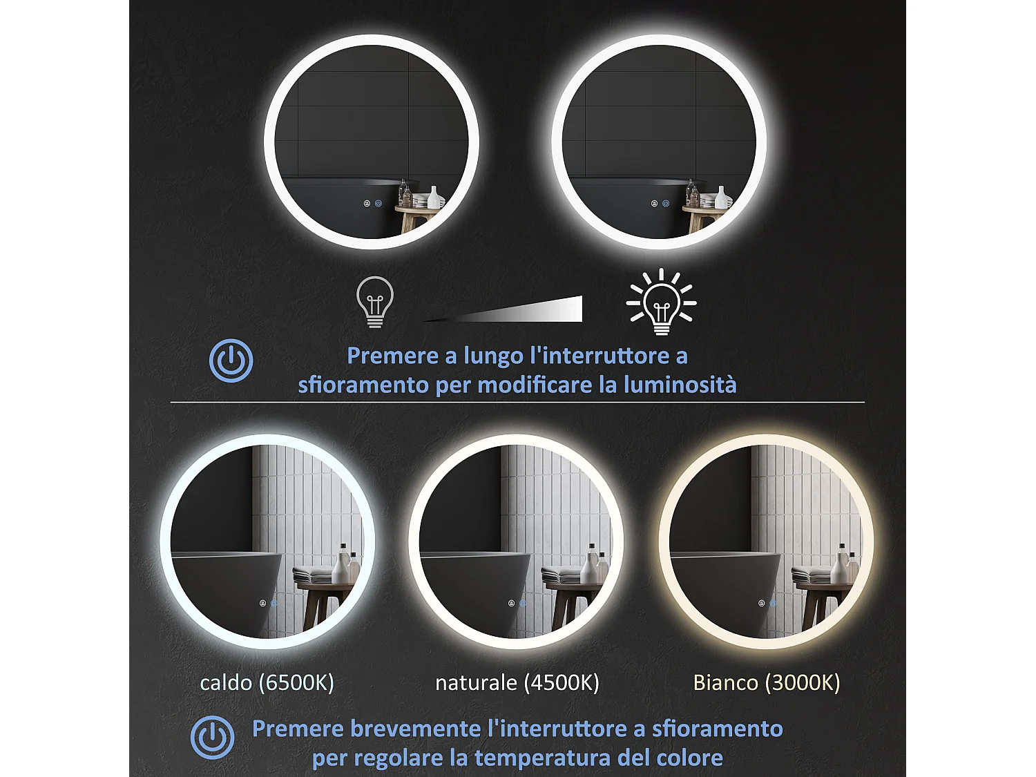 Specchio bagno led a 3 colori con luminosità regolabile