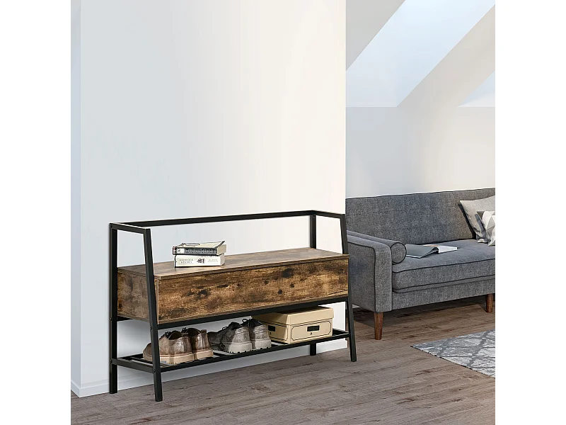 Panca scarpiera in legno stile industriale 90x37x60cm