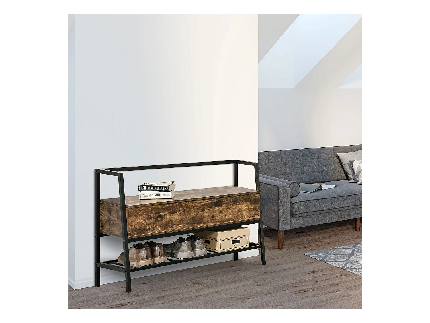 Panca scarpiera in legno stile industriale 90x37x60cm