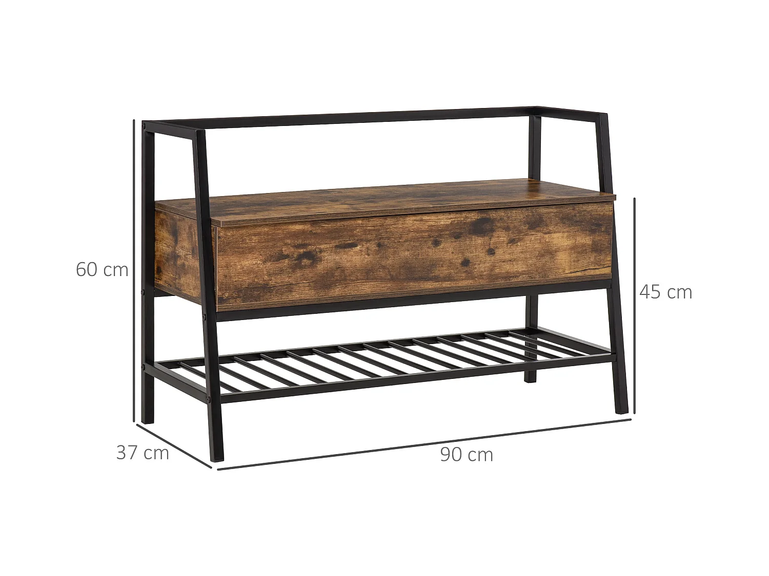 Panca scarpiera in legno stile industriale 90x37x60cm