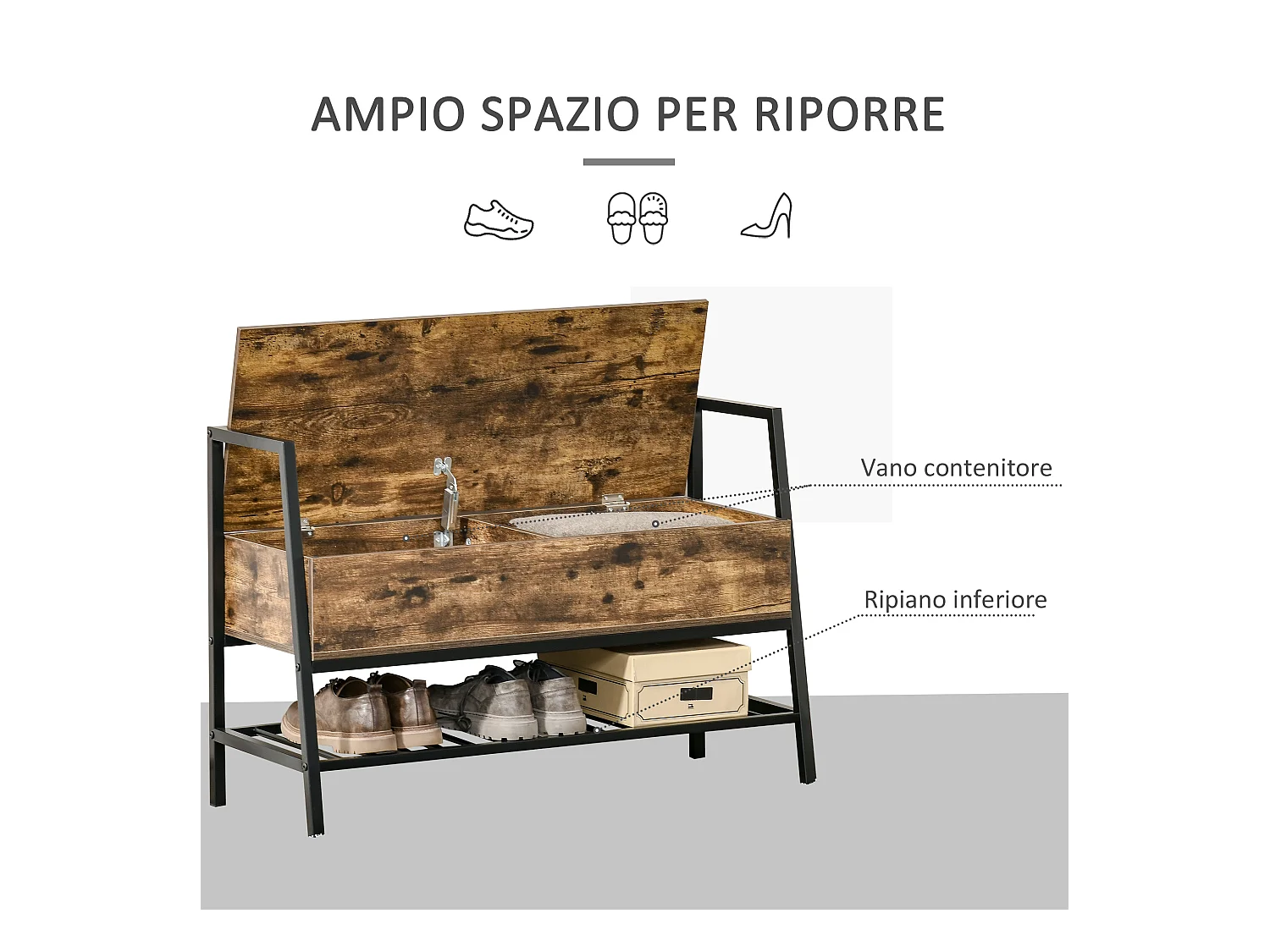 Panca scarpiera in legno stile industriale 90x37x60cm