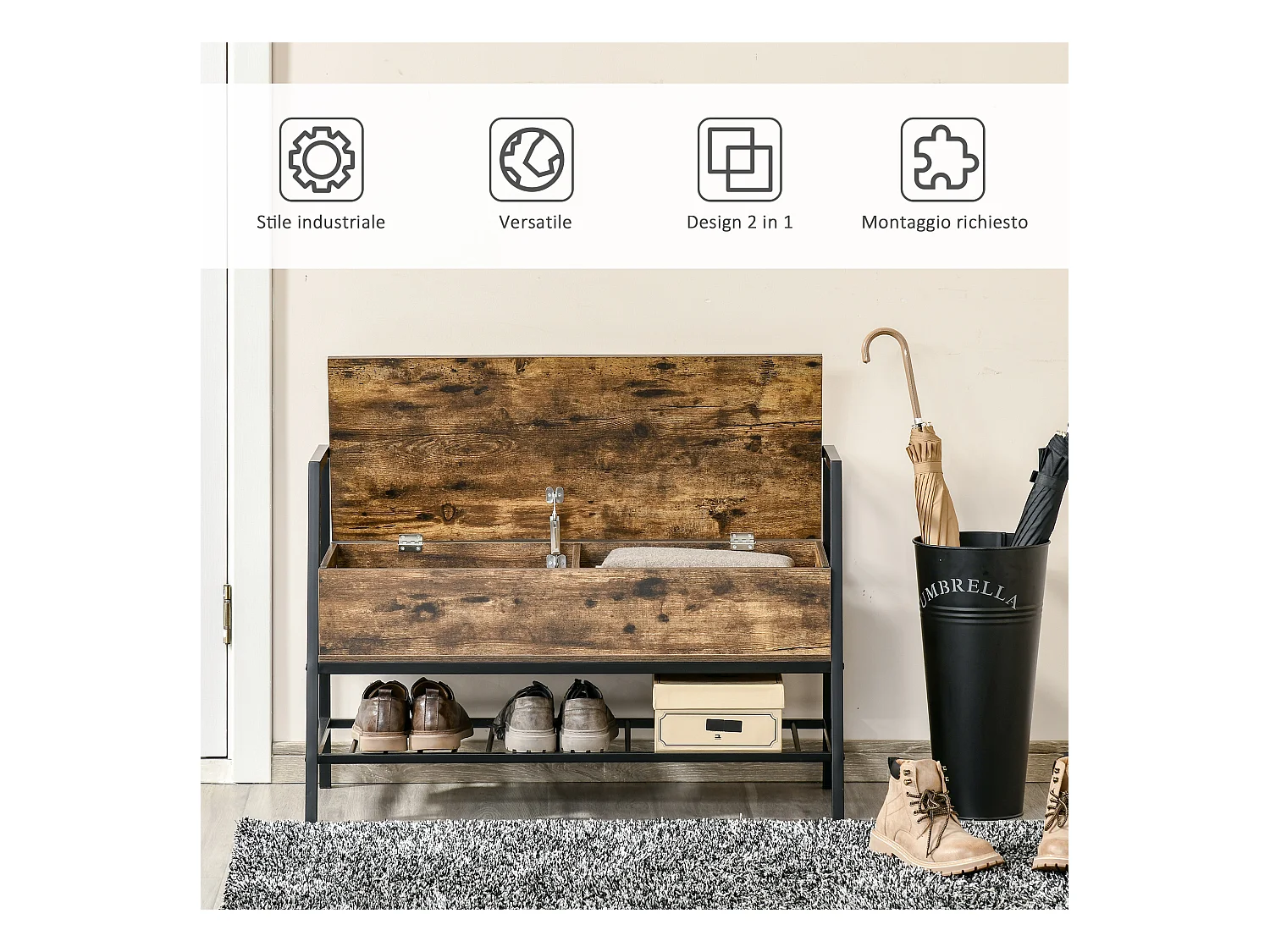 Panca scarpiera in legno stile industriale 90x37x60cm