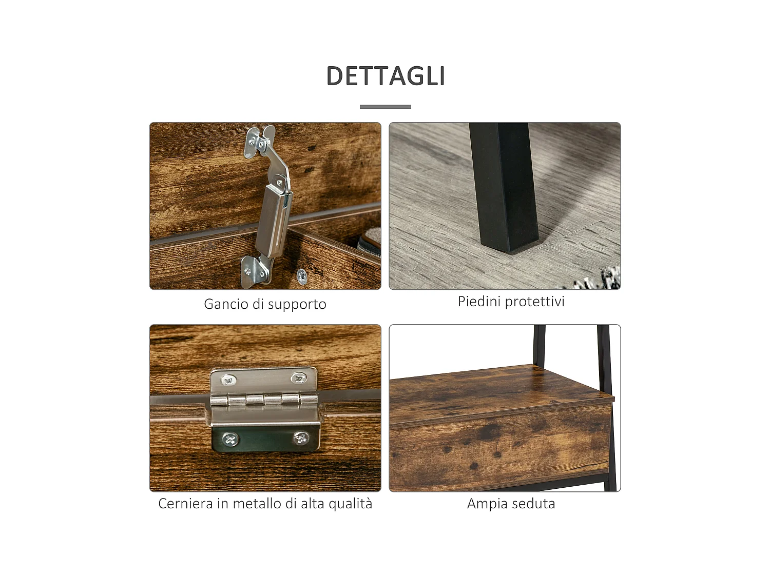 Panca scarpiera in legno stile industriale 90x37x60cm