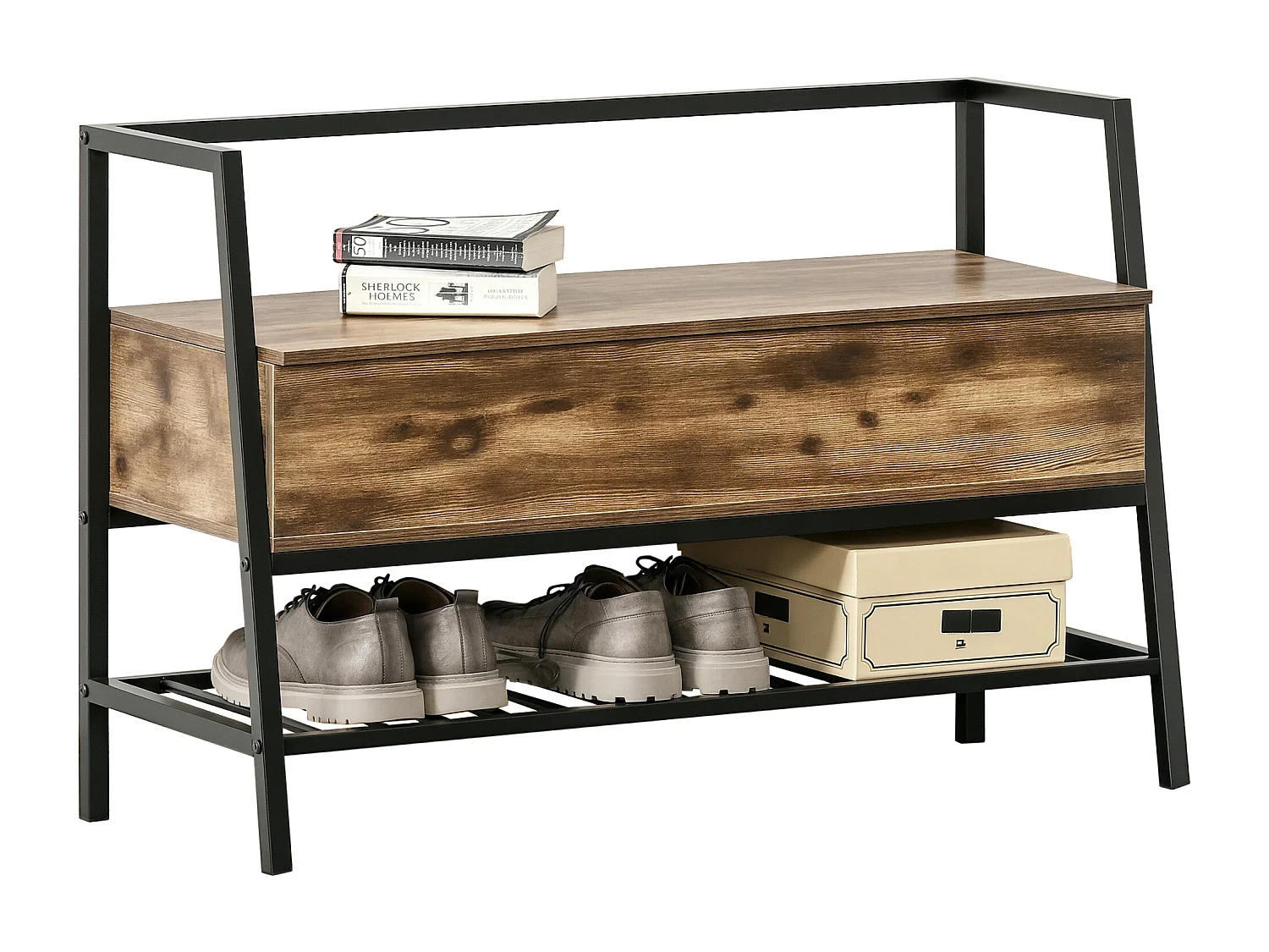 Panca scarpiera in legno stile industriale 90x37x60cm