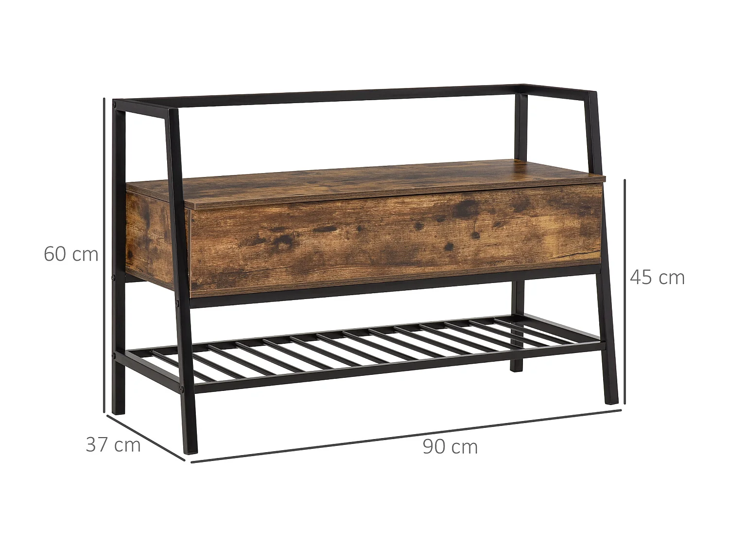 Panca scarpiera in legno stile industriale 90x37x60cm