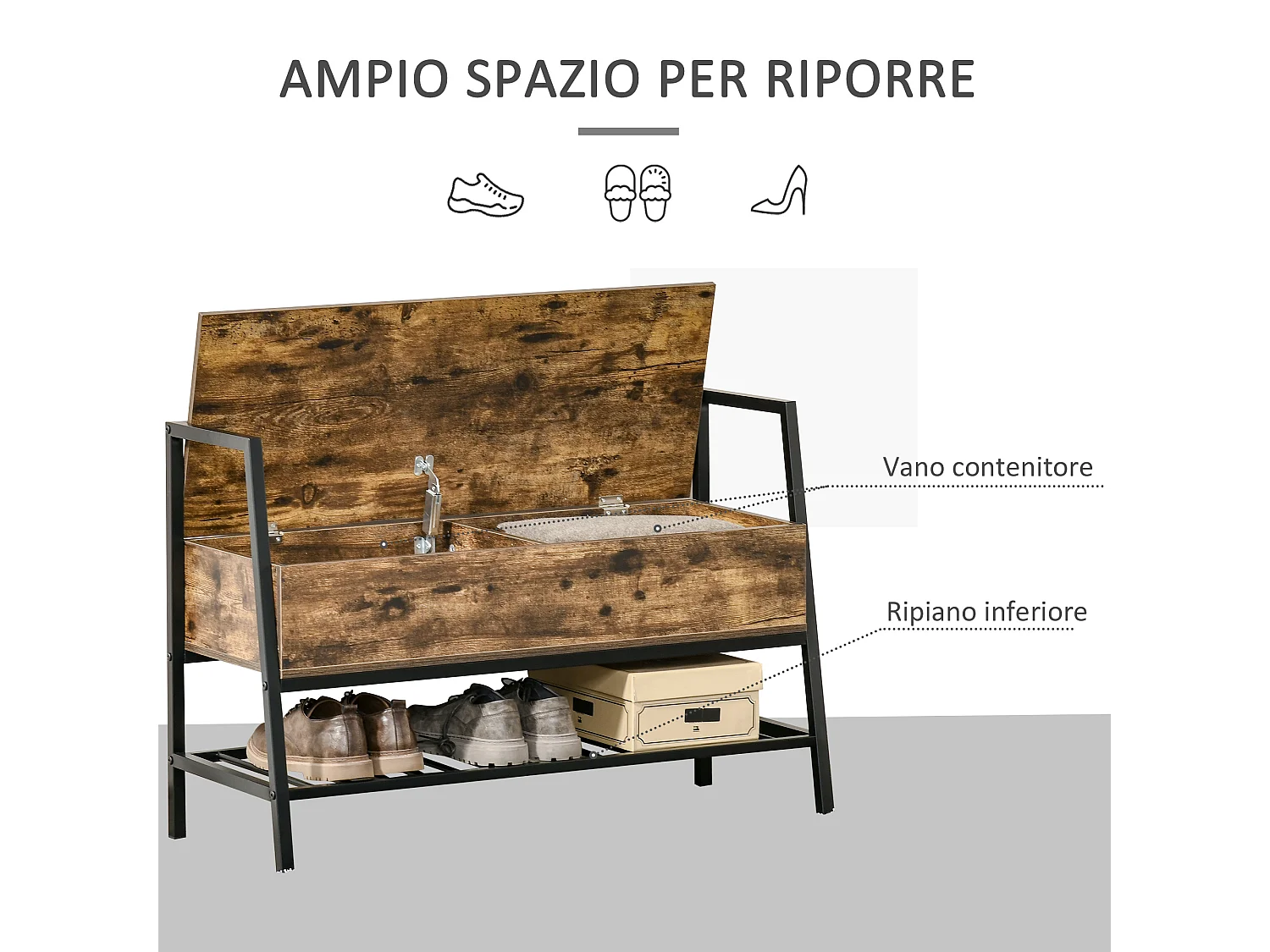 Panca scarpiera in legno stile industriale 90x37x60cm