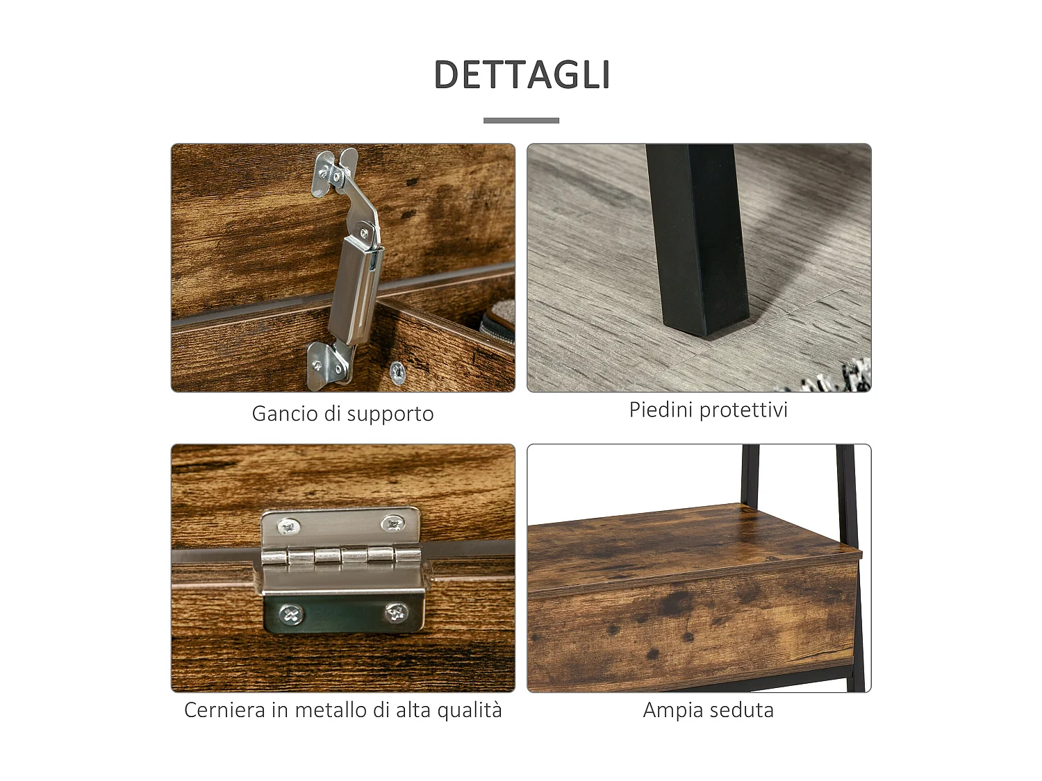 Panca scarpiera in legno stile industriale 90x37x60cm