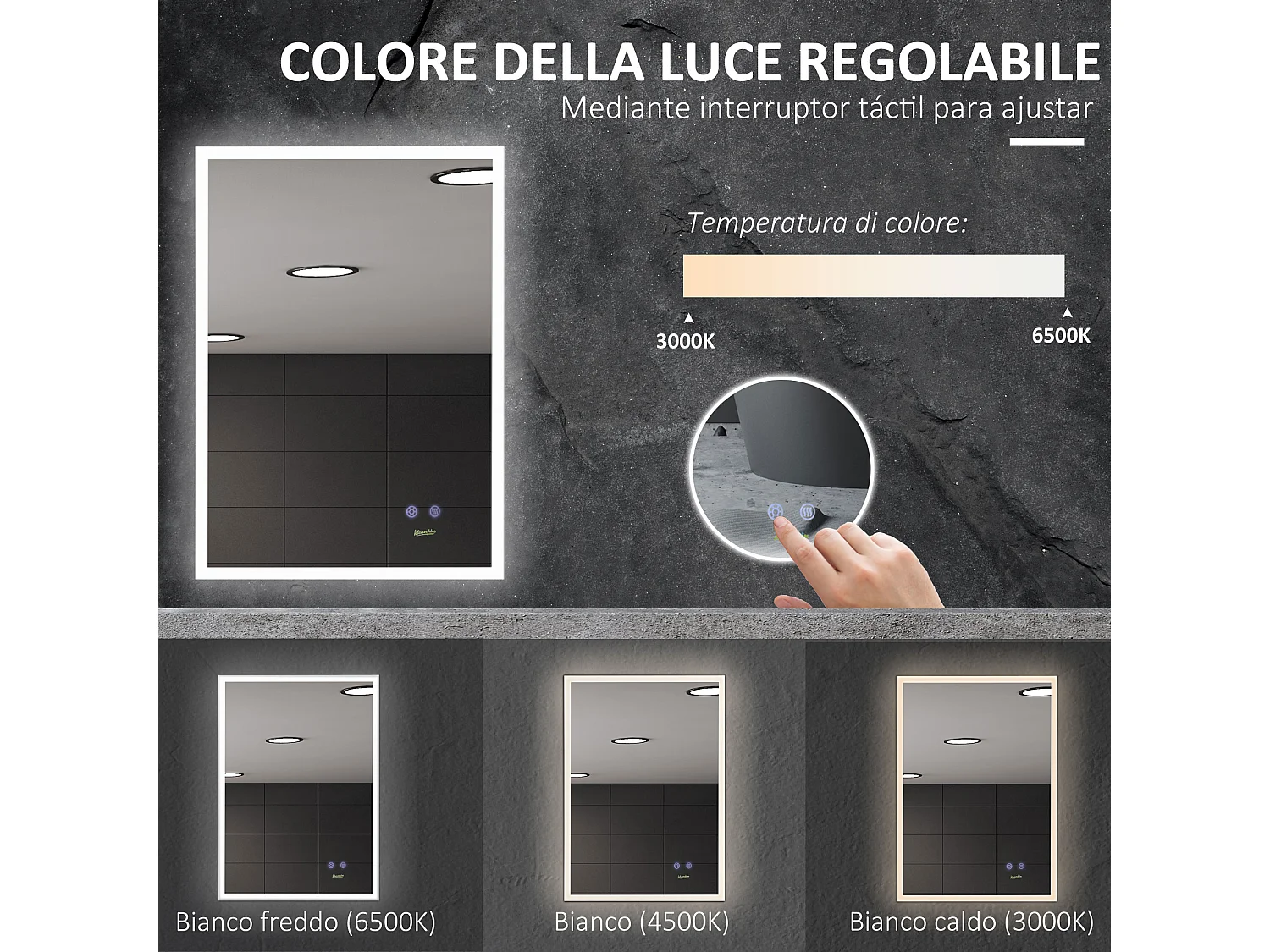 Specchio bagno con luce led tasti touch e anti-appannamento
