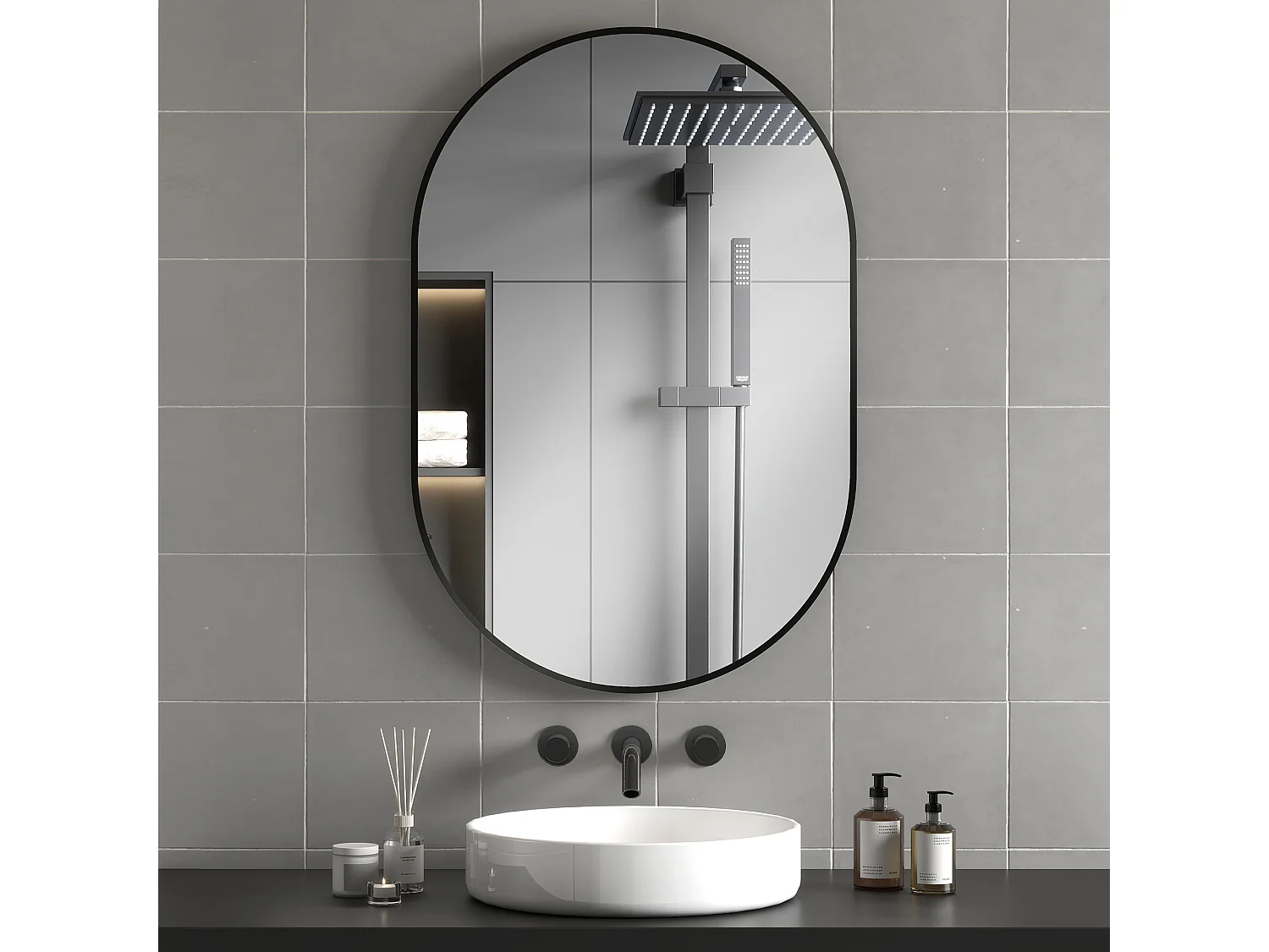 Specchio da bagno ovale a parete in alluminio 60x90cm nero