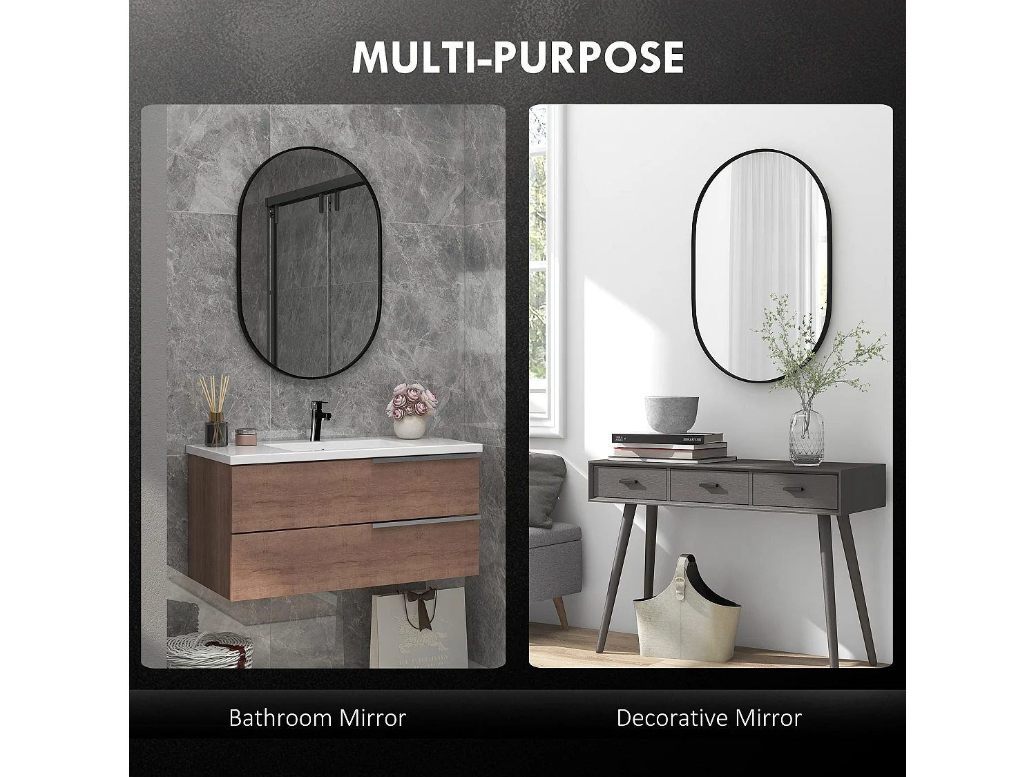 Specchio da bagno ovale a parete in alluminio 60x90cm nero