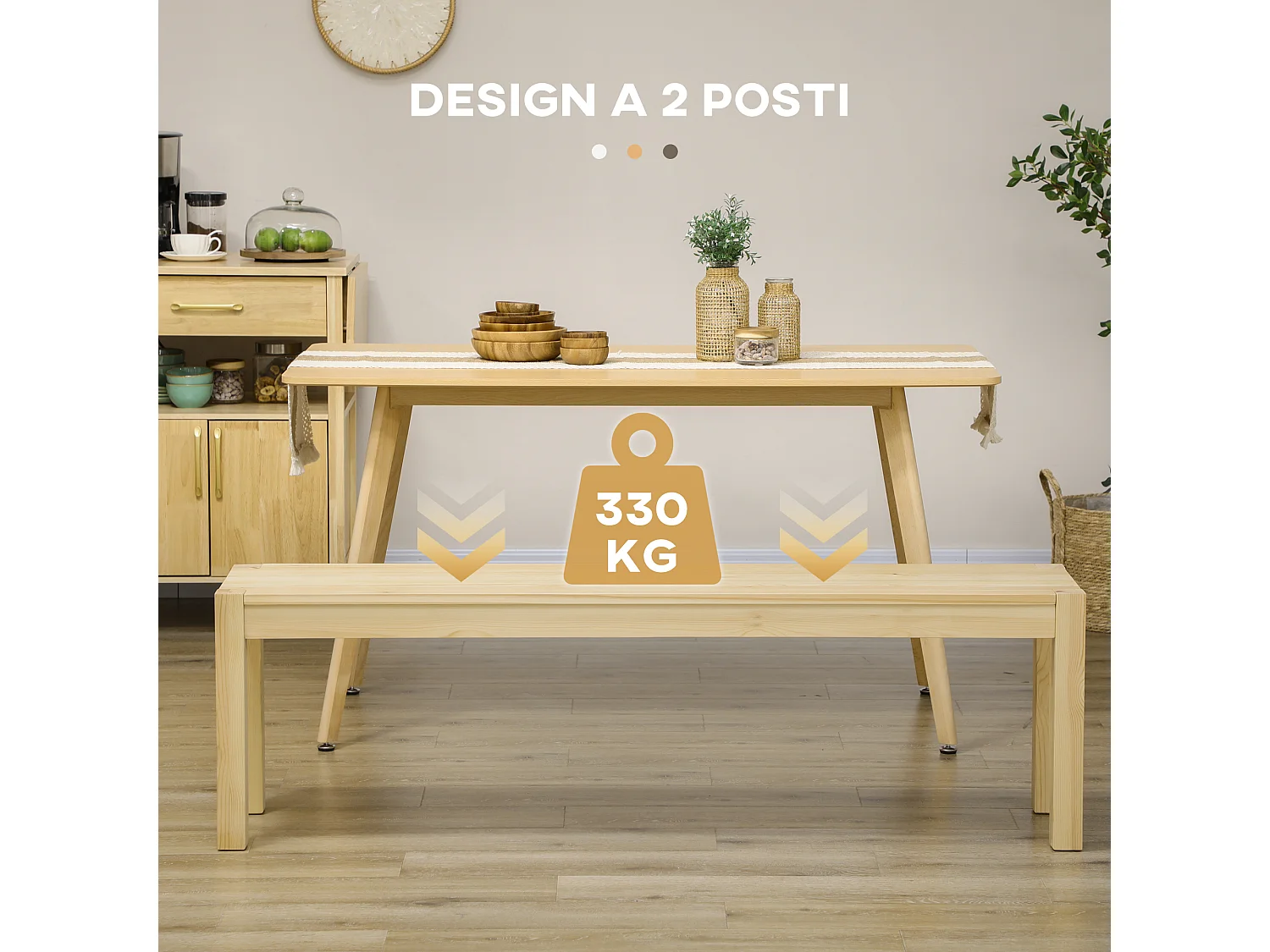 Panca da cucina per 3 persone in legno di pino 150lx33x45cm