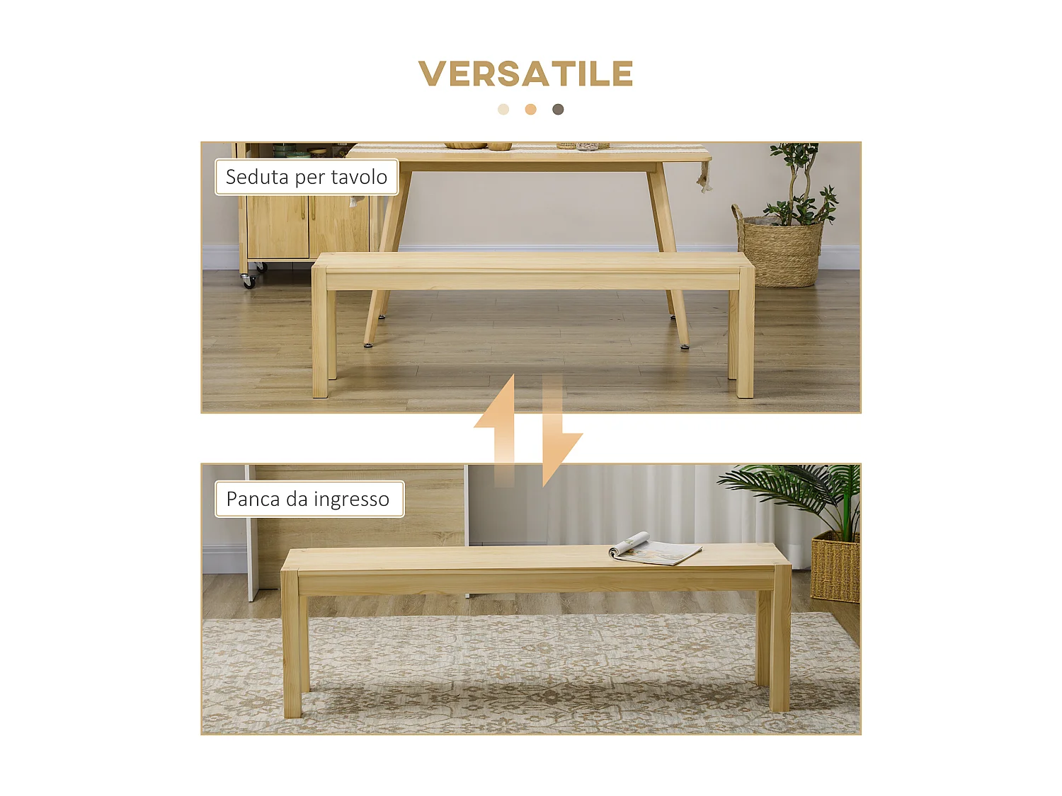 Panca da cucina per 3 persone in legno di pino 150lx33x45cm