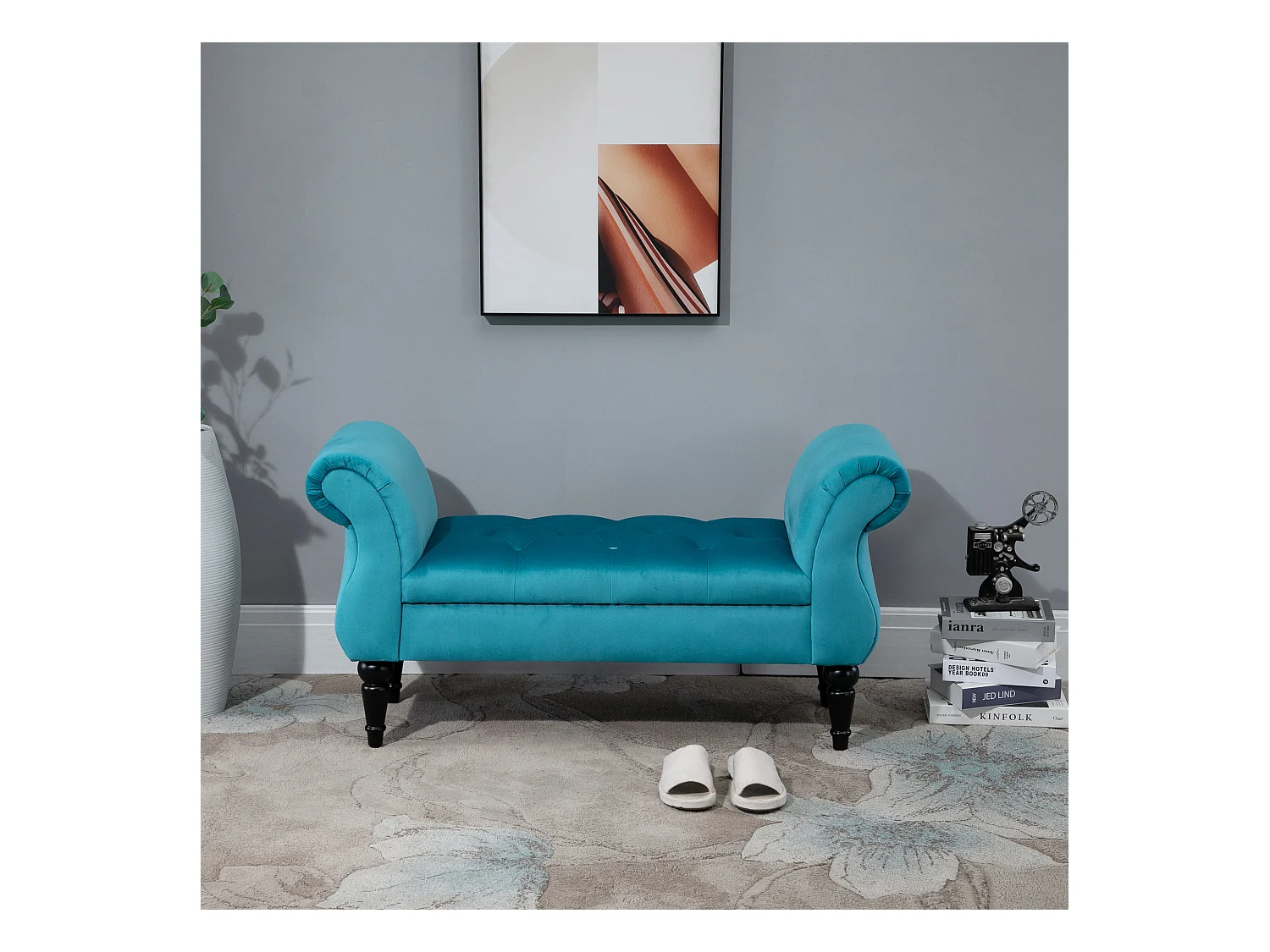 Panca fondoletto azzurra rétro imbottita con braccioli 117x40x58 cm