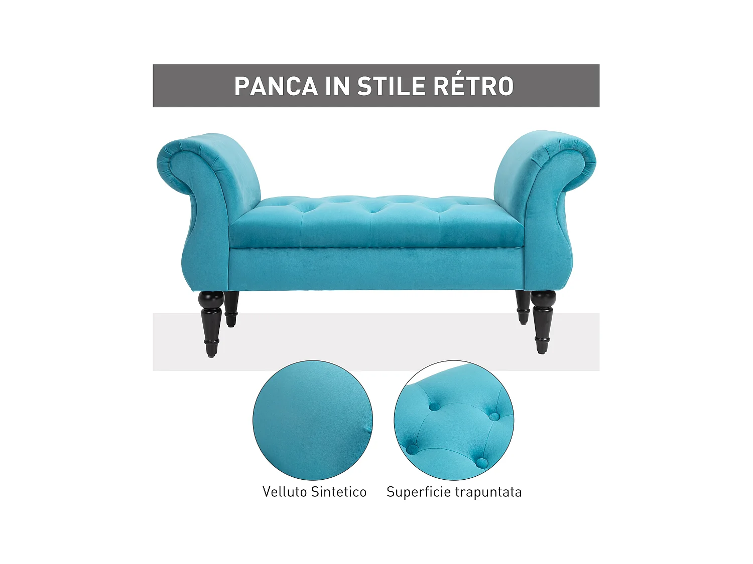 Panca fondoletto azzurra rétro imbottita con braccioli 117x40x58 cm