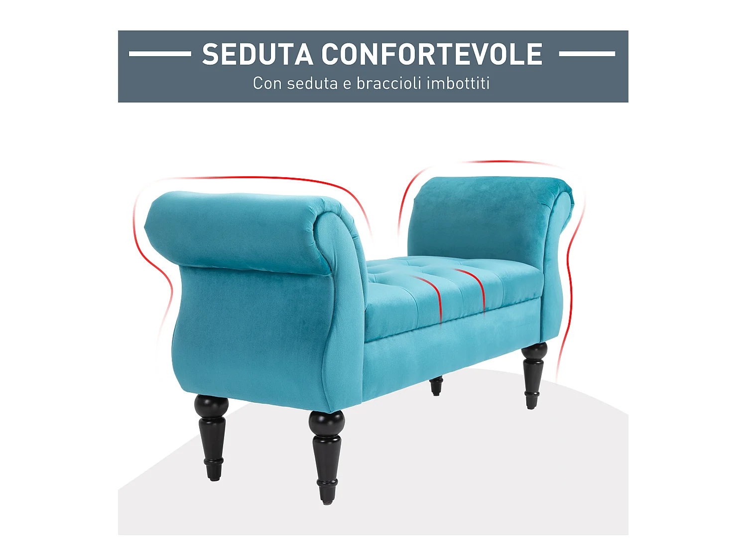 Panca fondoletto azzurra rétro imbottita con braccioli 117x40x58 cm