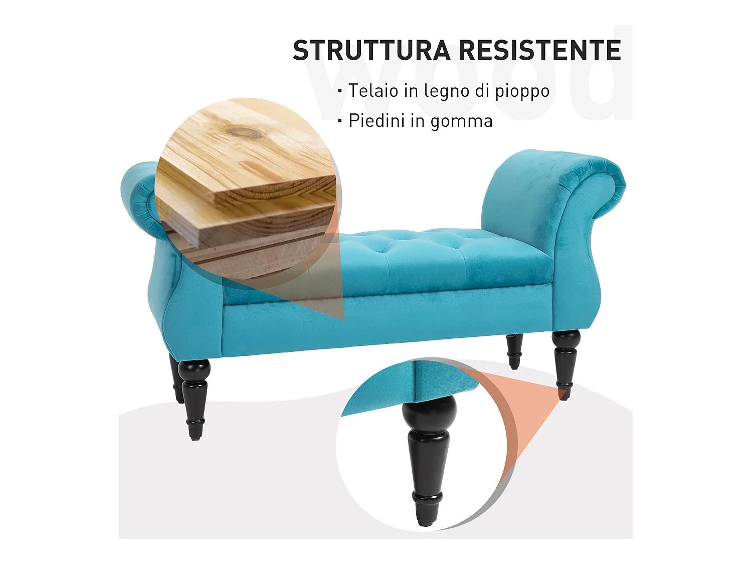 Panca fondoletto azzurra rétro imbottita con braccioli 117x40x58 cm