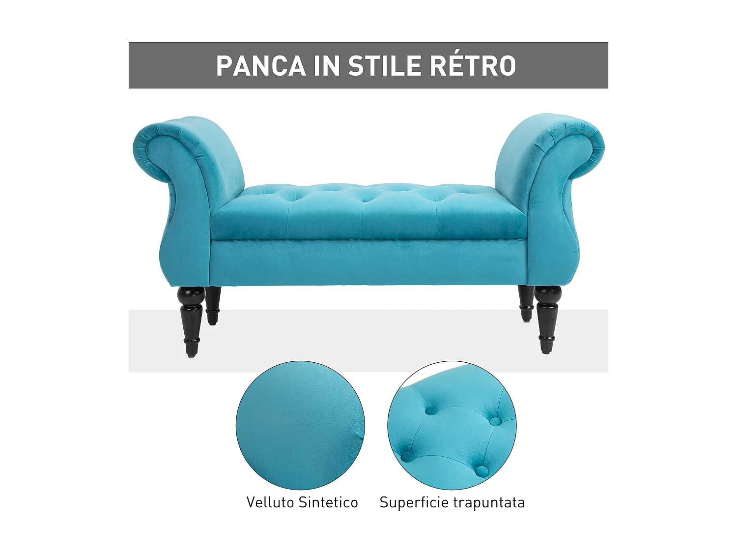 Panca fondoletto azzurra rétro imbottita con braccioli 117x40x58 cm