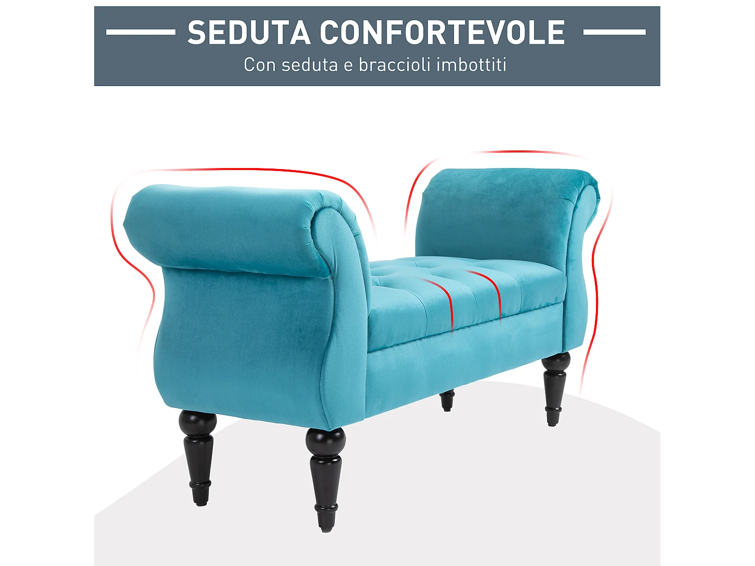 Panca fondoletto azzurra rétro imbottita con braccioli 117x40x58 cm