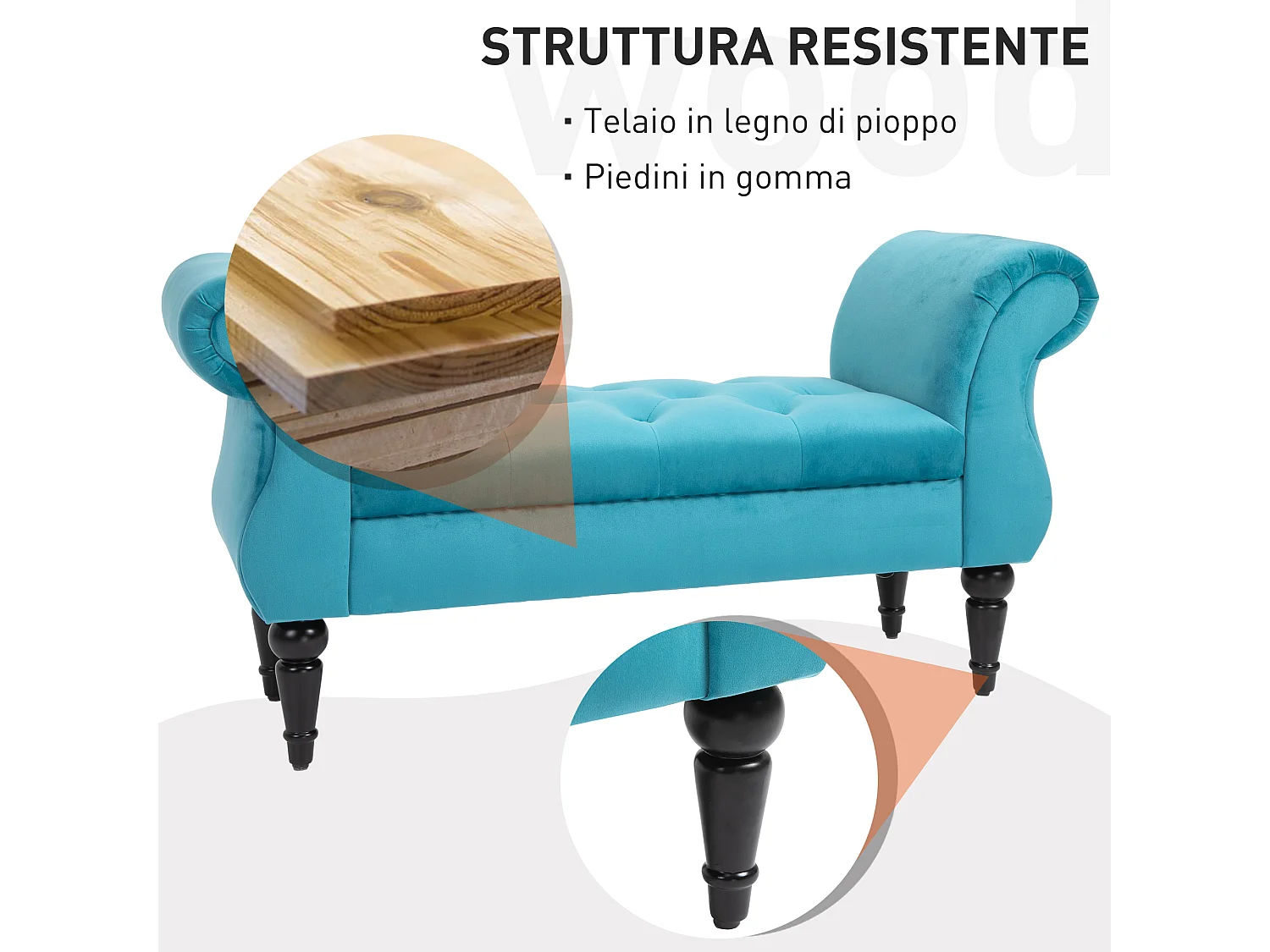 Panca fondoletto azzurra rétro imbottita con braccioli 117x40x58 cm