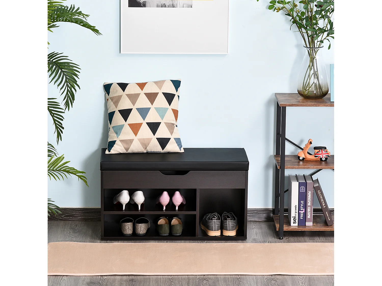 Mobile scarpiera salvaspazio con panca contenitore e vani aperti nero