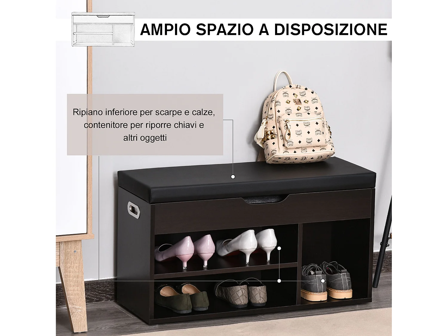 Mobile scarpiera salvaspazio con panca contenitore e vani aperti nero