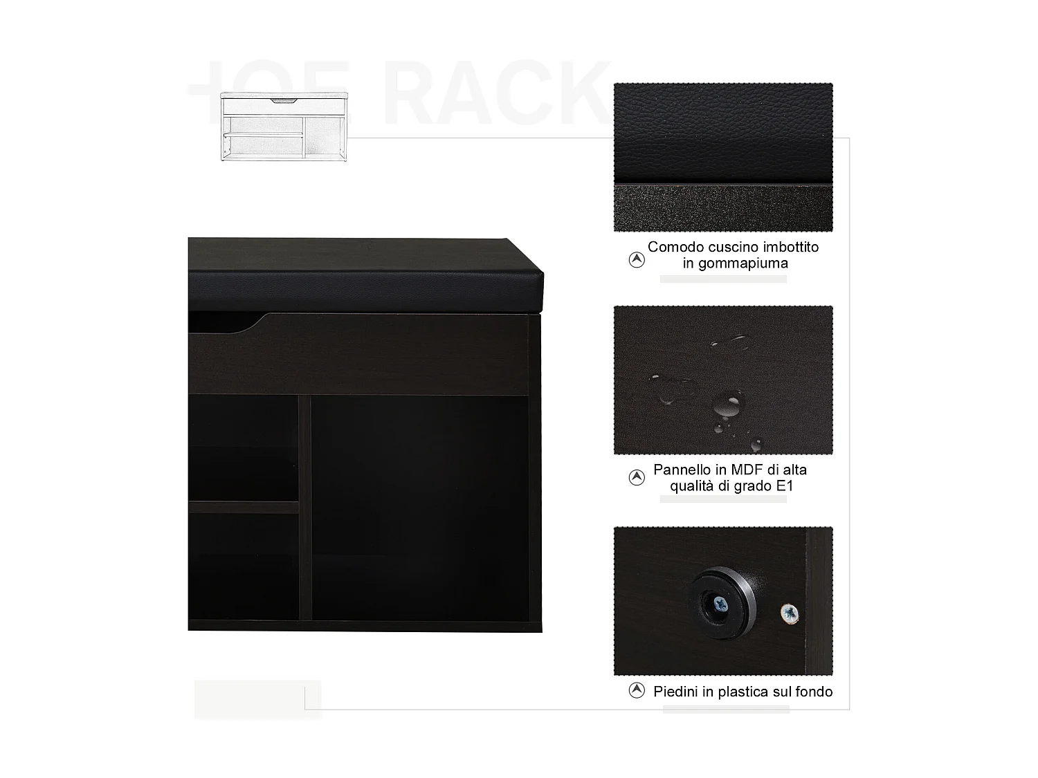 Mobile scarpiera salvaspazio con panca contenitore e vani aperti nero