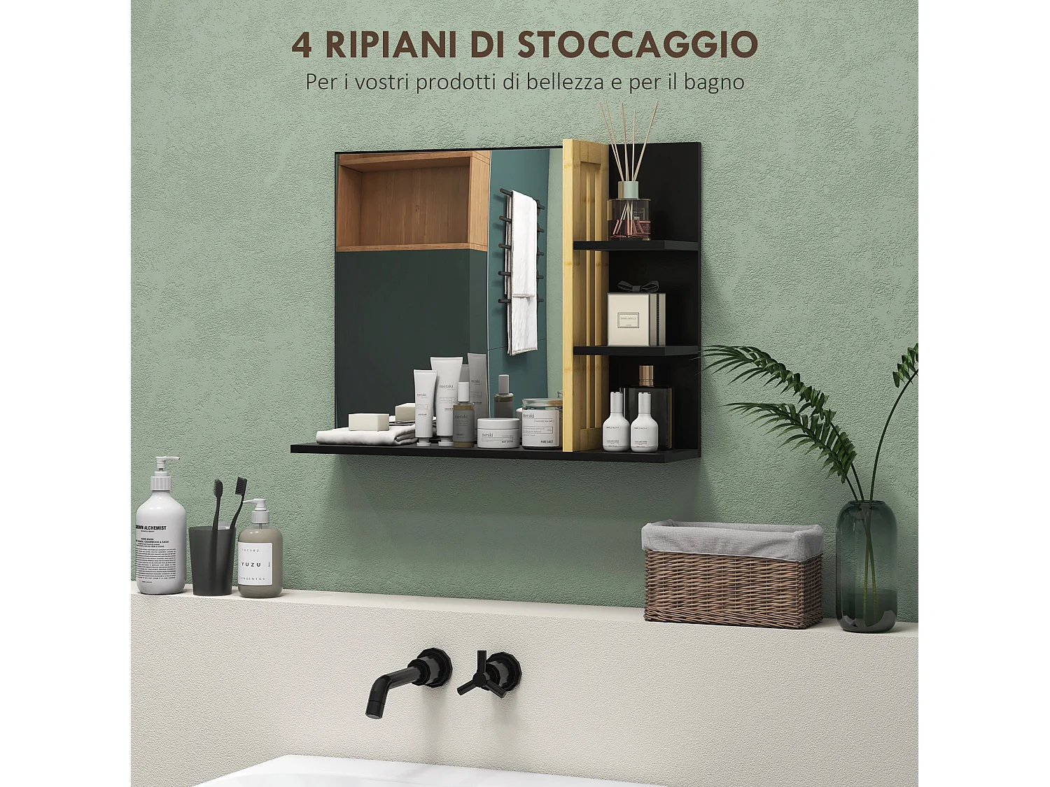 Specchiera da bagno moderna con 4 ripiani in legno nero
