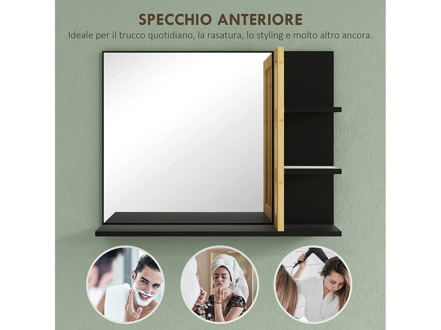 Specchiera da bagno moderna con 4 ripiani in legno nero