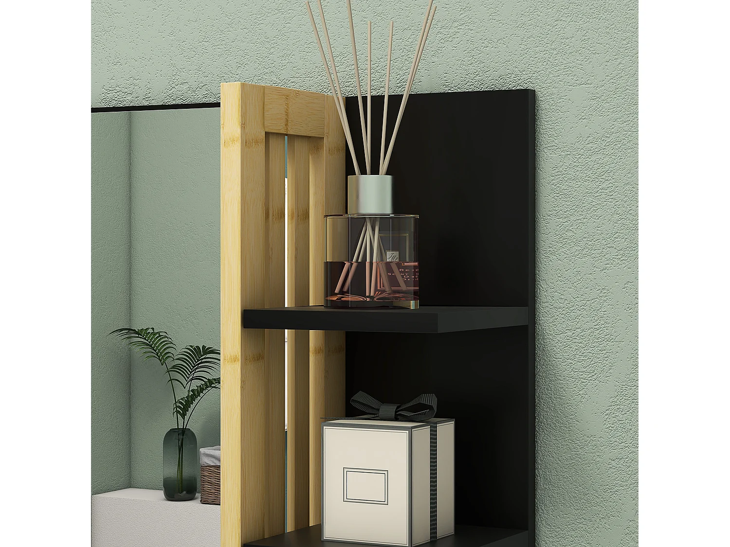 Specchiera da bagno moderna con 4 ripiani in legno nero