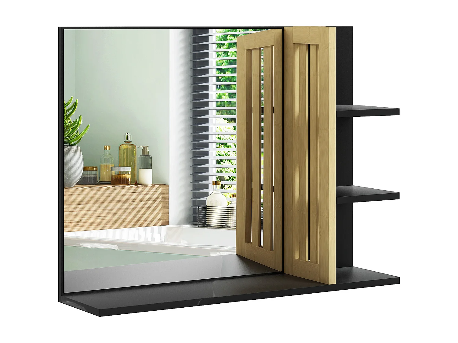 Specchiera da bagno moderna con 4 ripiani in legno nero