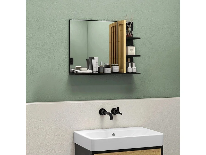 Specchiera da bagno moderna con 4 ripiani in legno nero