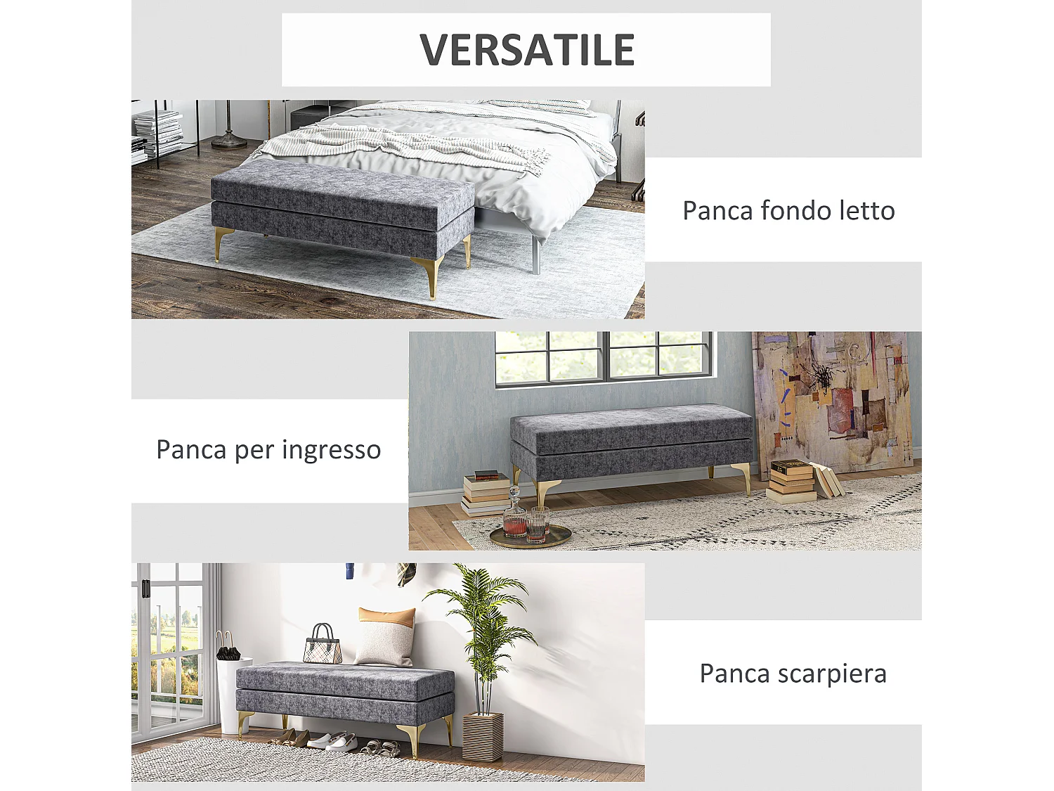 Panca fondo letto vellutata a 2 strati grigio scuro e oro