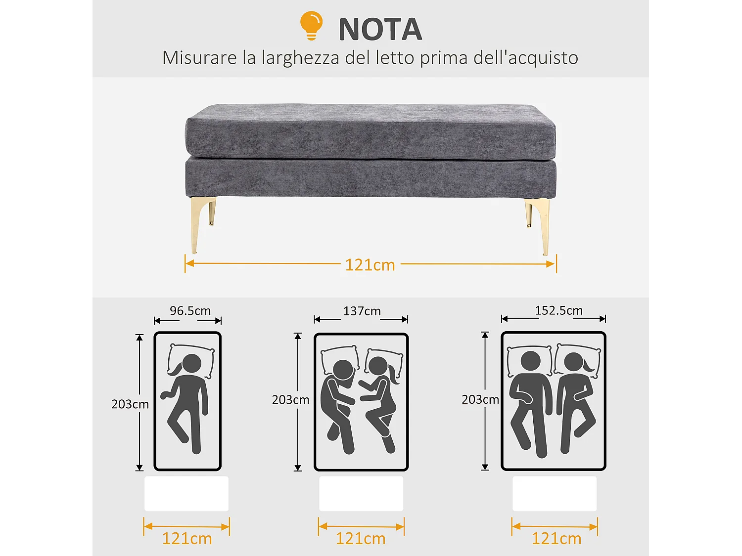 Panca fondo letto vellutata a 2 strati grigio scuro e oro