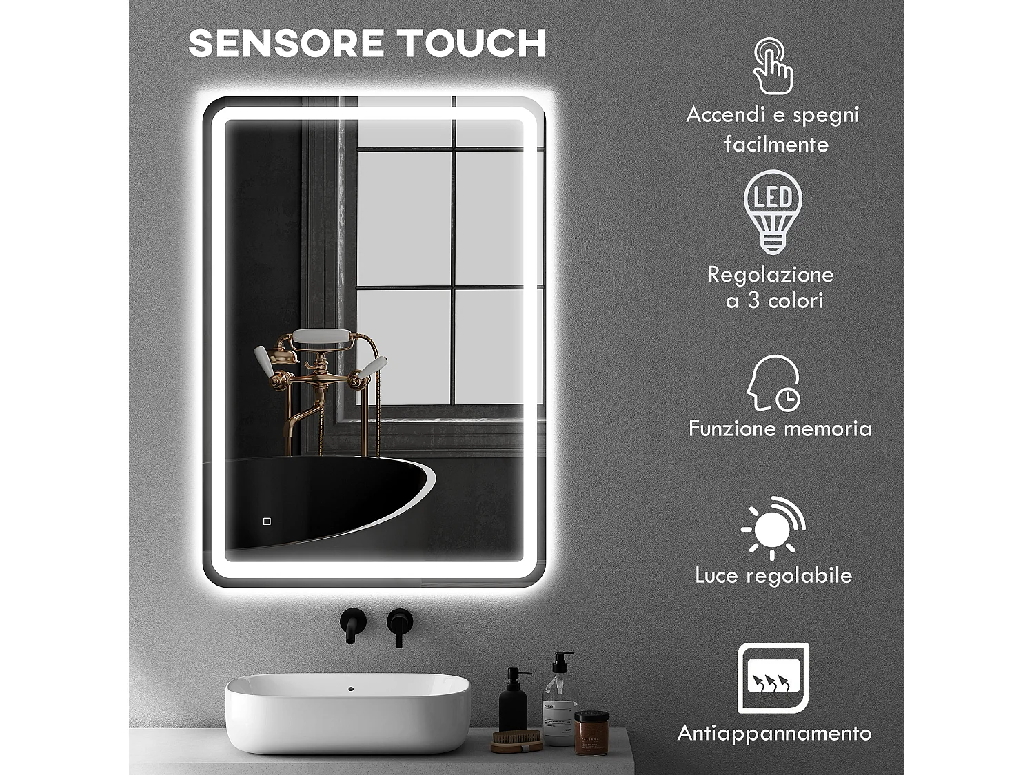 Specchio bagno touch con luce led e antiappannamento 70x100 cm