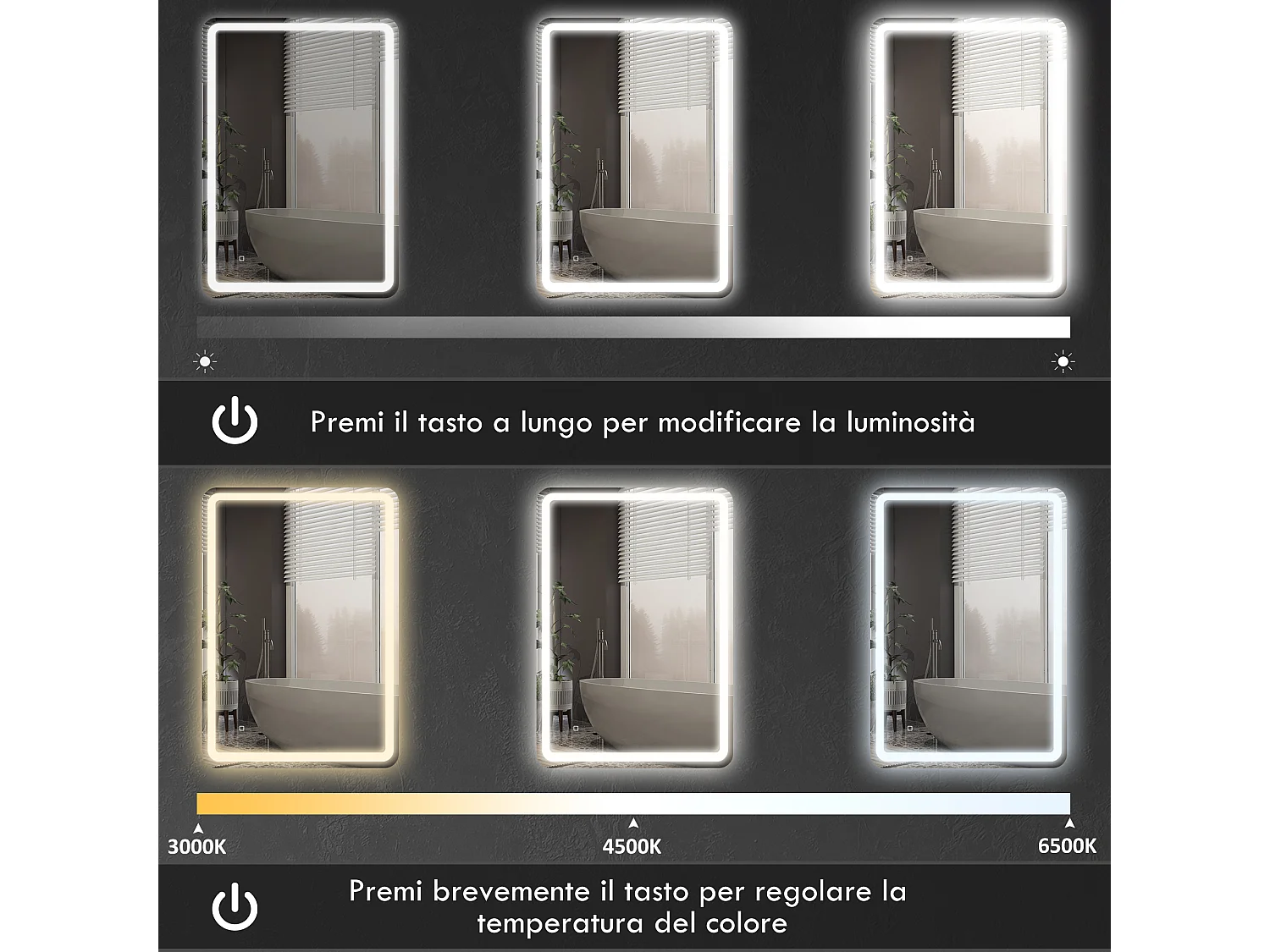 Specchio bagno touch con luce led e antiappannamento 70x100 cm