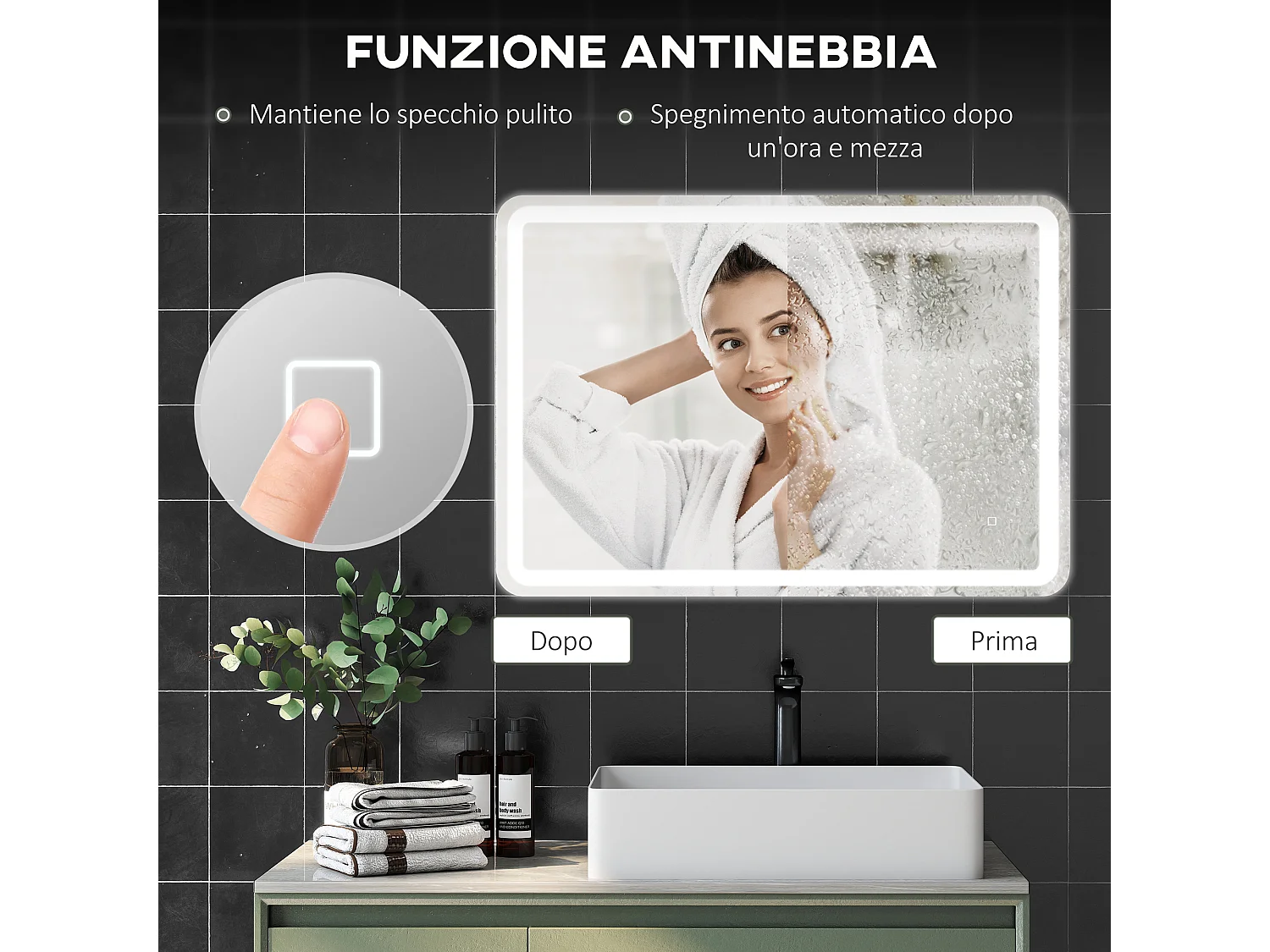 Specchio bagno touch con luce led e antiappannamento 70x100 cm