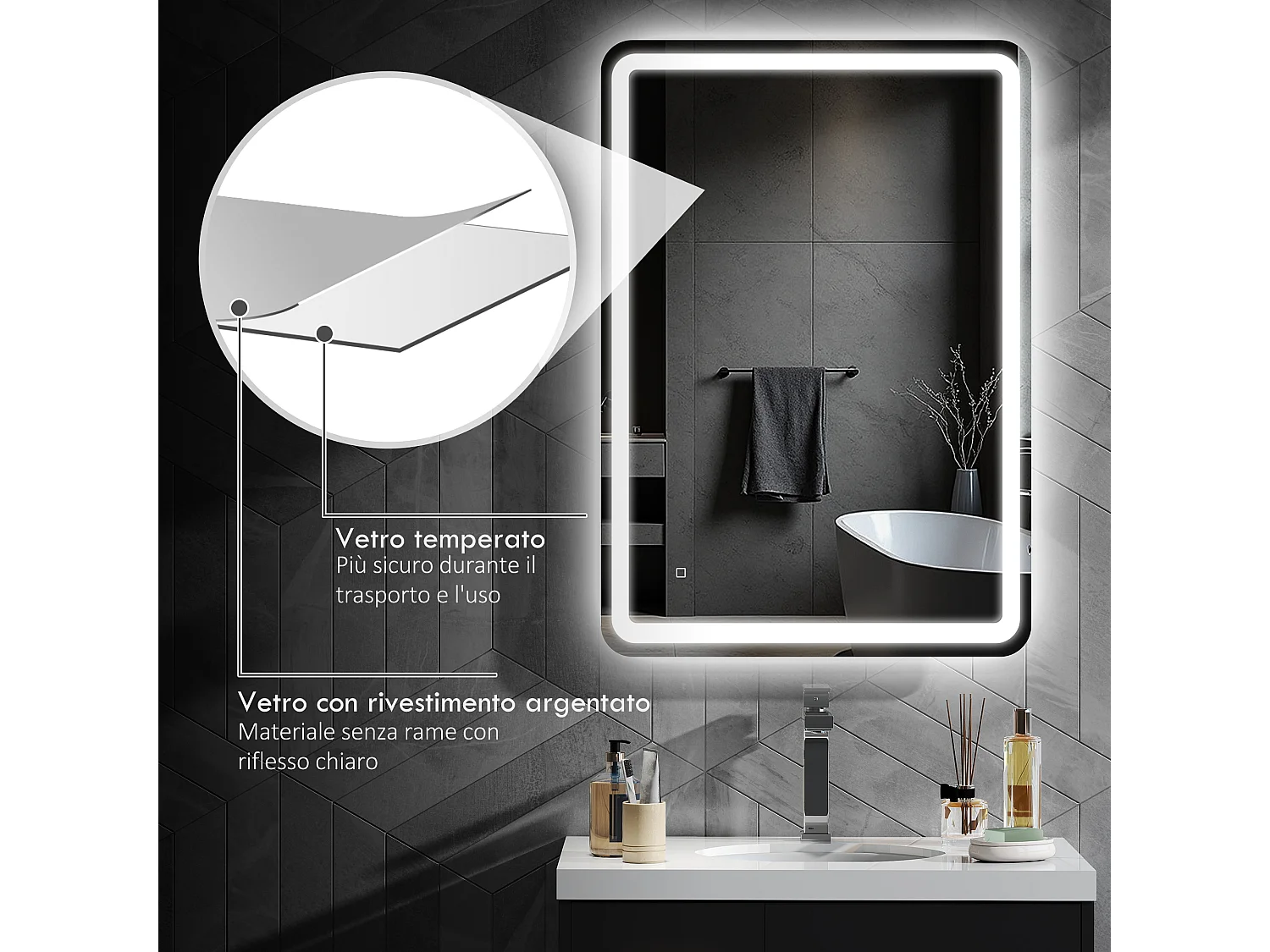 Specchio bagno touch con luce led e antiappannamento 70x100 cm