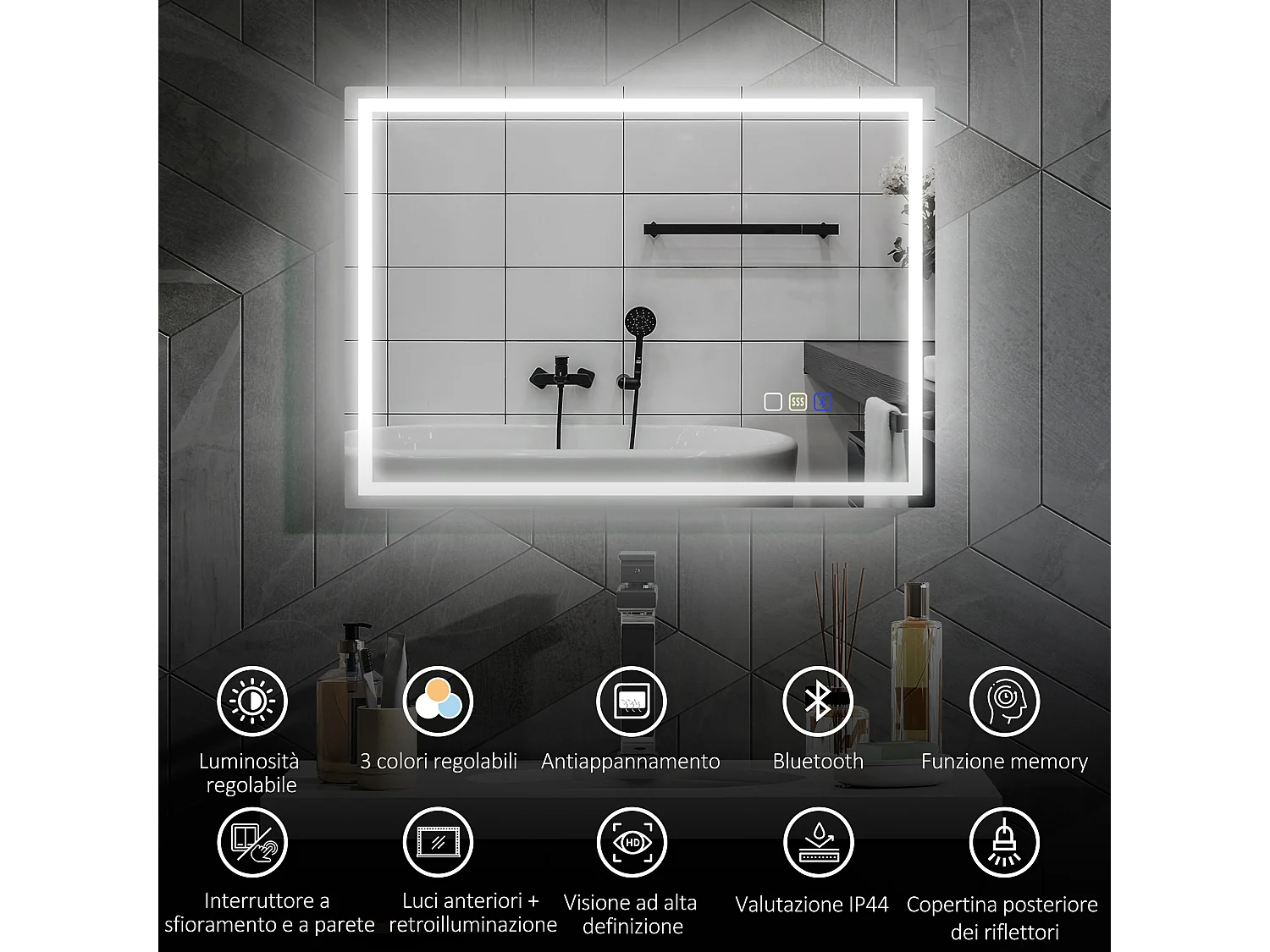 Specchio bagno antiappannante con led e speaker bluetooth 50x70cm