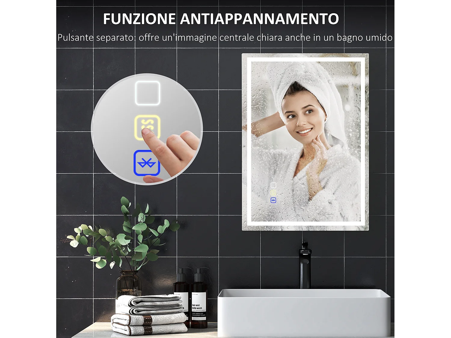 Specchio bagno antiappannante con led e speaker bluetooth 50x70cm