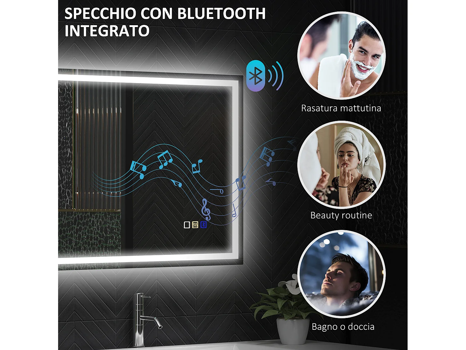 Specchio bagno antiappannante con led e speaker bluetooth 50x70cm
