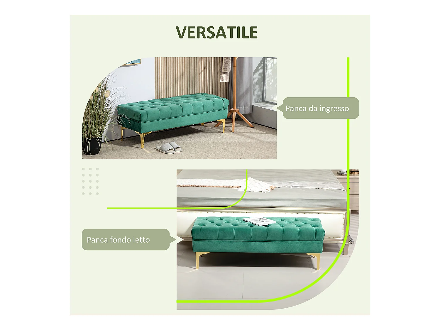 Panca fondo letto in tessuto effetto velluto trapuntato verde scuro