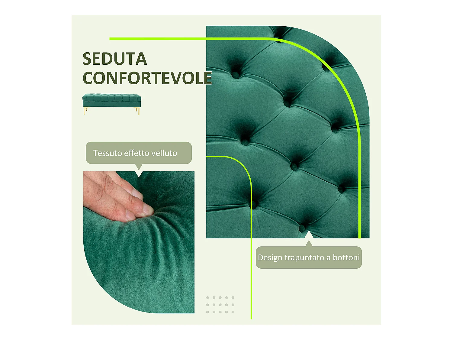 Panca fondo letto in tessuto effetto velluto trapuntato verde scuro