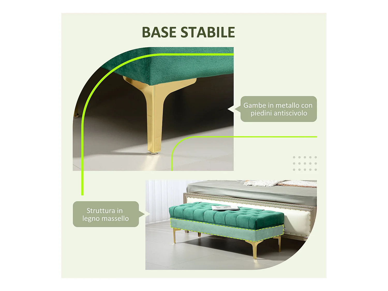 Panca fondo letto in tessuto effetto velluto trapuntato verde scuro